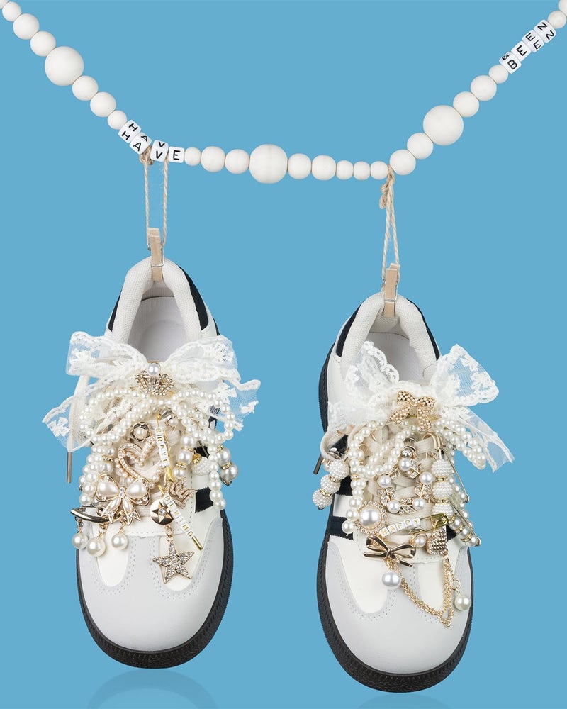 Deinduser Shoe Charms for Sneakers, Junk Socks Charms Kit for Women, Bling Junk Sneaker Charm Set, Gold Shoelace Charm with Pearl Bows and Letters - Image 3